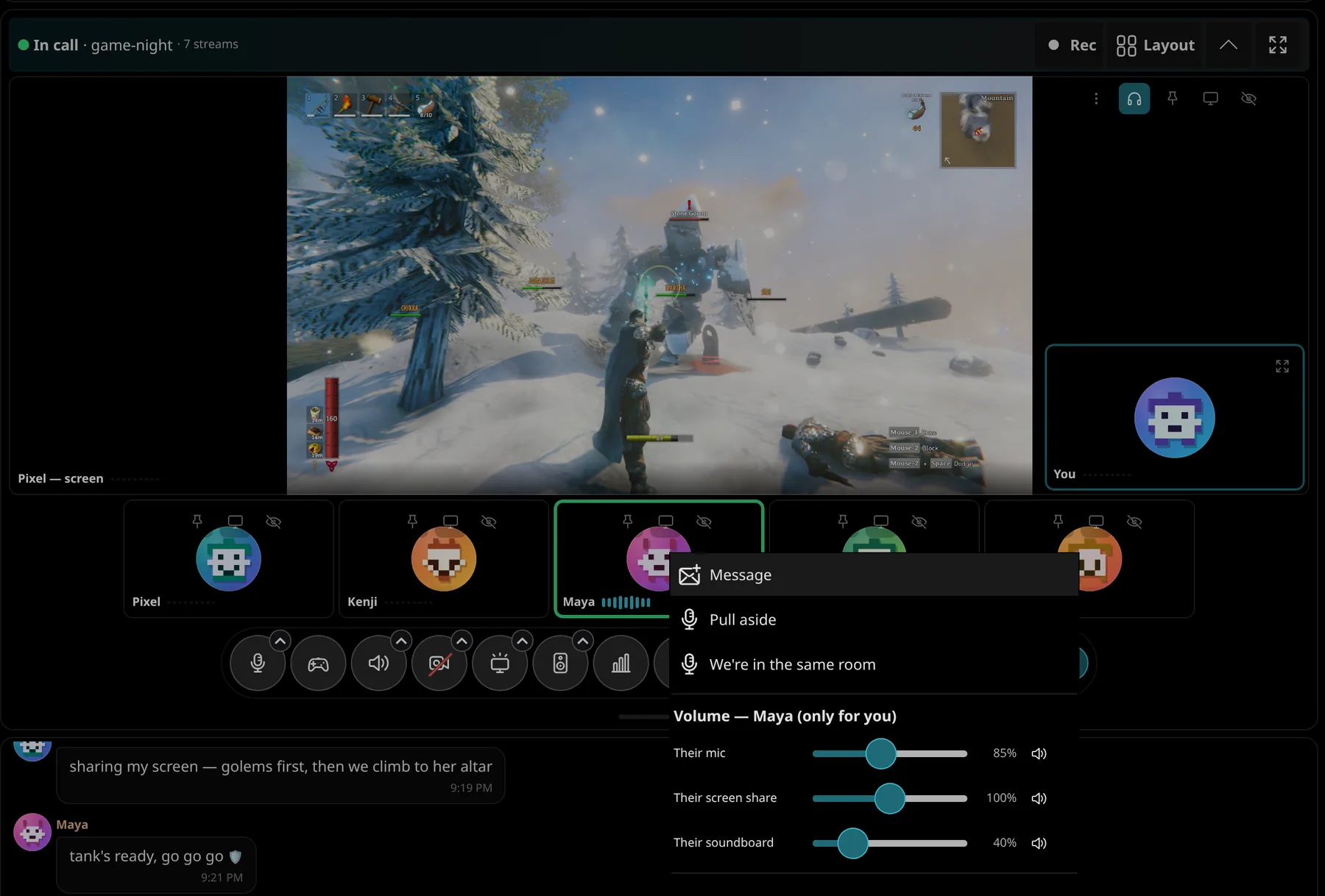 A call in game-night: Pixel shares a game on stage, and the right-click menu on Maya's tile has separate volume sliders for her mic, screen share and soundboard, plus Pull aside.