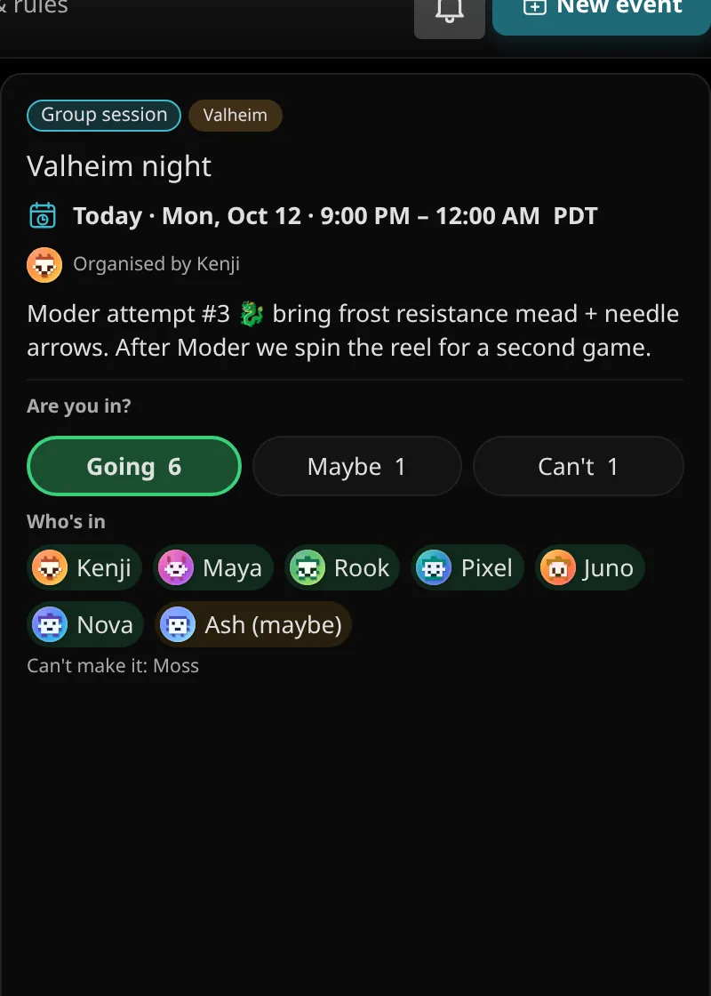 A game night on the calendar: Valheim night, today 9:00 PM, with Going 6, Maybe 1, Can't 1 and who's in.
