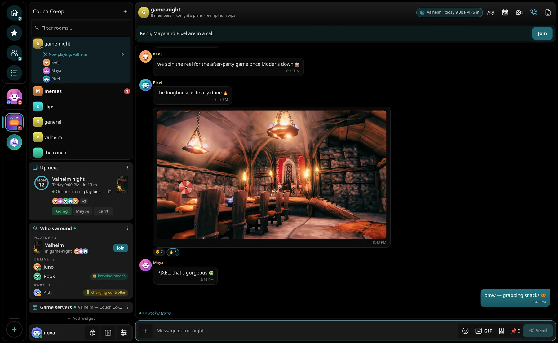 Tin Hat in the OLED theme: the Couch Co-op space with the game-night chat about tonight's Valheim night, a screenshot Pixel posted, and the Up next, Who's around and Game servers widgets.
