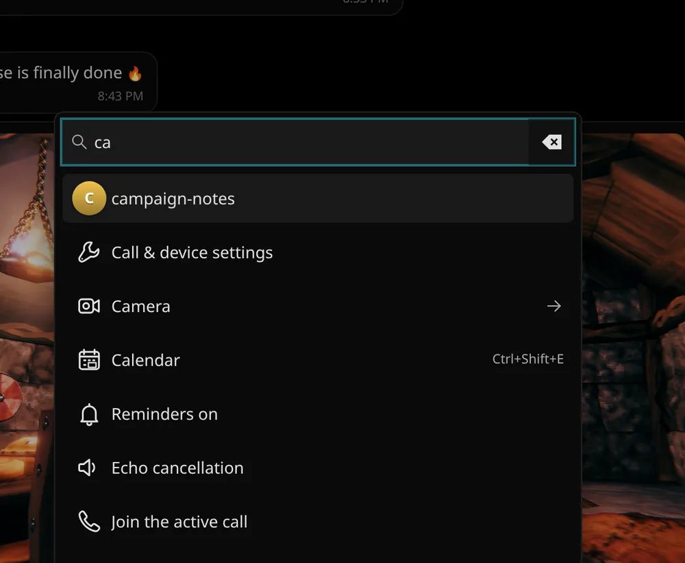 The Ctrl+K palette searching for 'ca': a room, Call & device settings, Camera, Calendar with its shortcut, Echo cancellation, Join the active call.