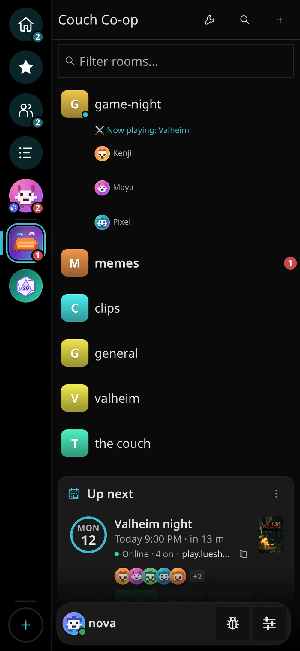 Tin Hat on a phone: the Couch Co-op room list with the Up next widget.