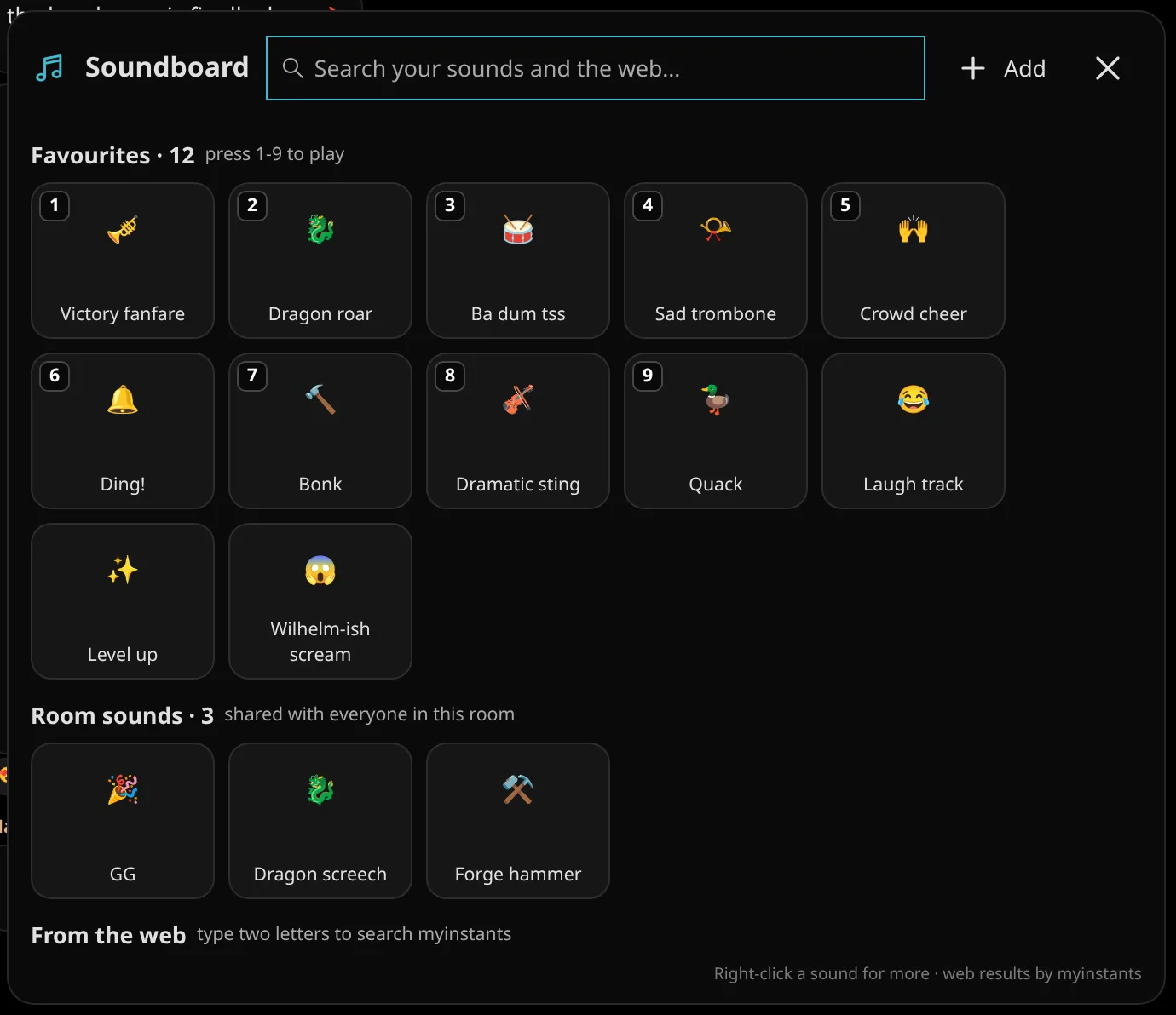 The soundboard: favourites on keys 1 to 9 like Victory fanfare, Wyrm roar and Sad trombone, the room's own sounds, and a web search.