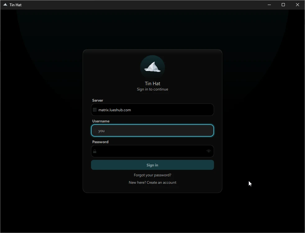 Tin Hat's sign-in screen with server, username and password, Forgot your password and Create an account.