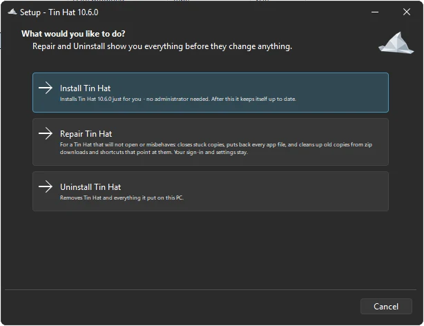 Setup – Tin Hat: What would you like to do? Install Tin Hat, Repair Tin Hat, Uninstall Tin Hat.